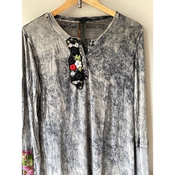 Aratta Silent Journey S Mineral Acid Wash Embroidered Long Sleeve Shirt Hippie - Picture 2 of 10